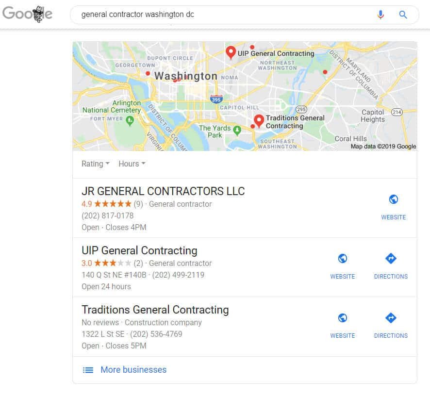 image of searches for contractor marketing in the local pack