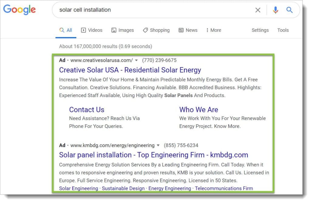 screenshot of PPC ads for solar companies