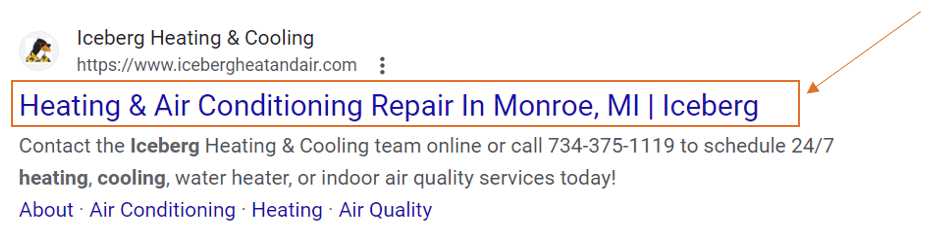 A screenshot from Google of a website on the SERP showing the title tag.